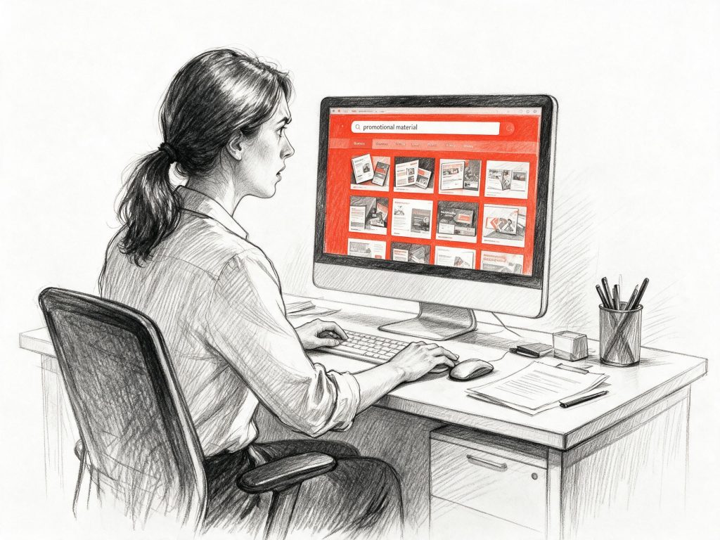 Woman browsing promotional materials on desktop computer